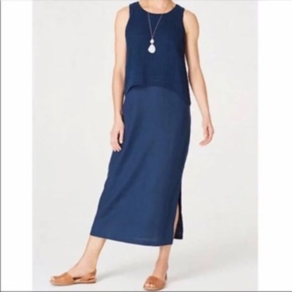 J. Jill Pure Jill Linen Popover Tiered Midi Dress Blue Medium